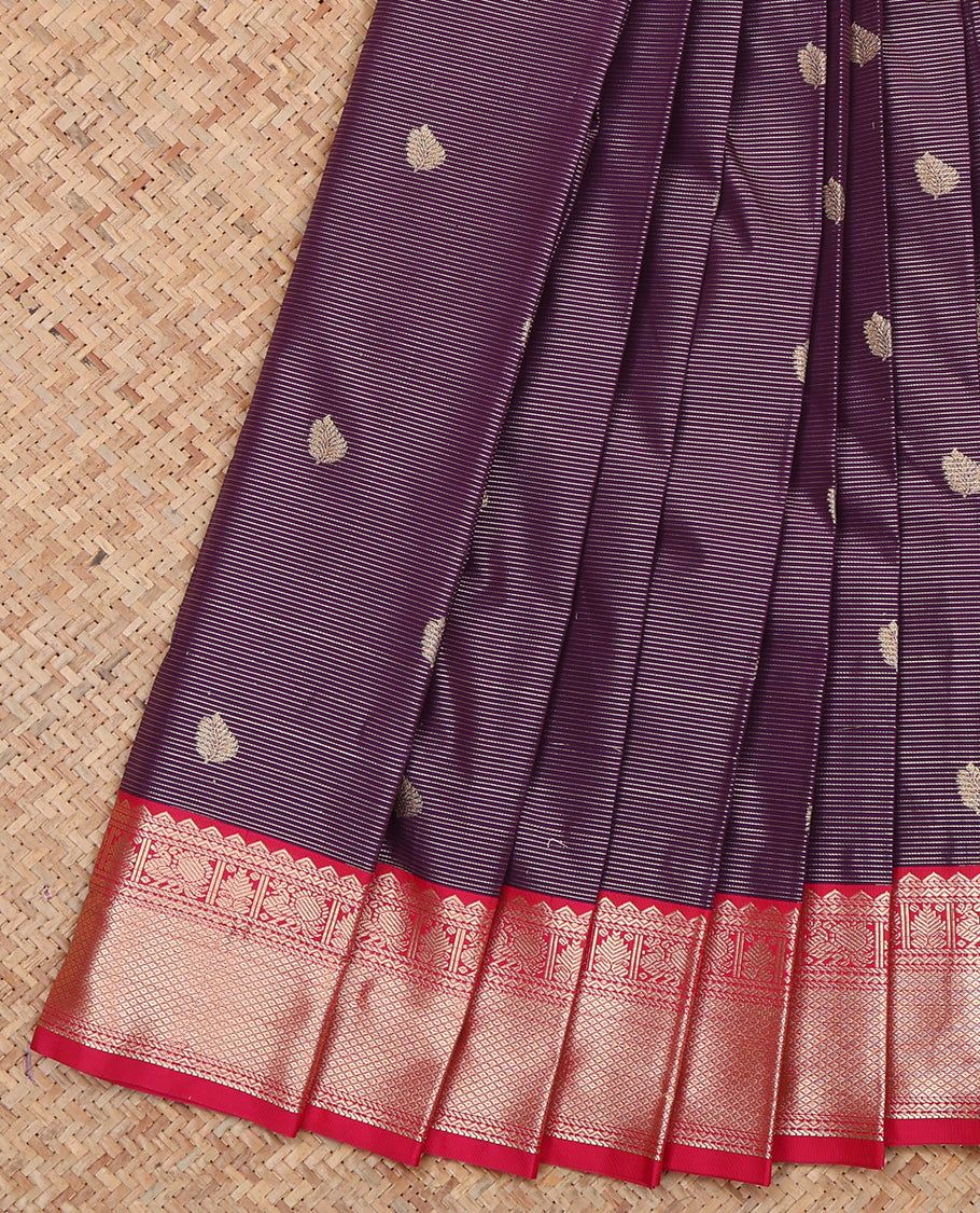 Purple Budget Silk Saree Featuring Zari Buttas and Stripes, a Contrast Traditional Zari Border, Grand Pallu, and a Contrast Blouse
