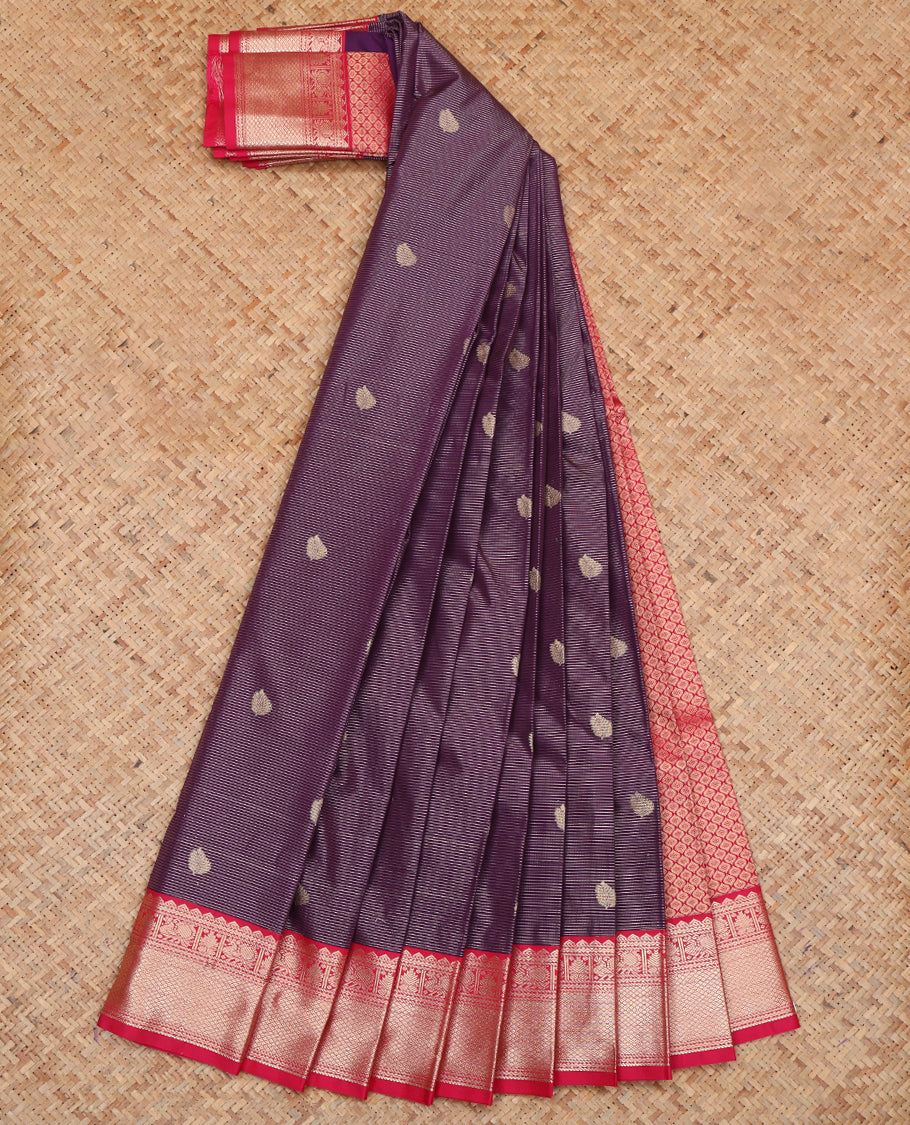 Purple Budget Silk Saree Featuring Zari Buttas and Stripes, a Contrast Traditional Zari Border, Grand Pallu, and a Contrast Blouse