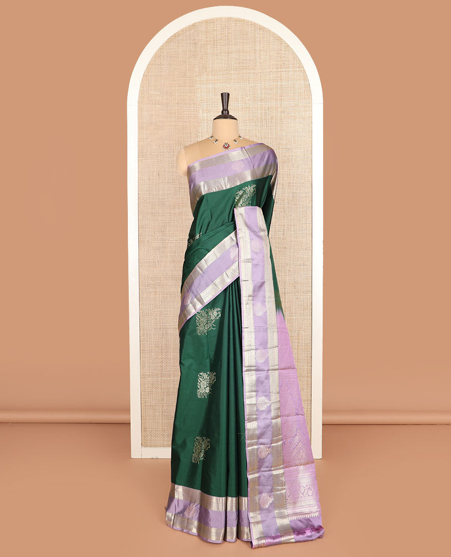 Green zari buttas budget silk saree, contrast traditional zari border, and pallu of intricate designs
