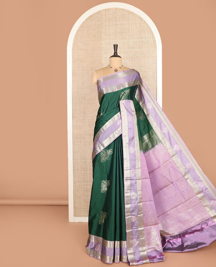Green zari buttas budget silk saree, contrast traditional zari border, and pallu of intricate designs