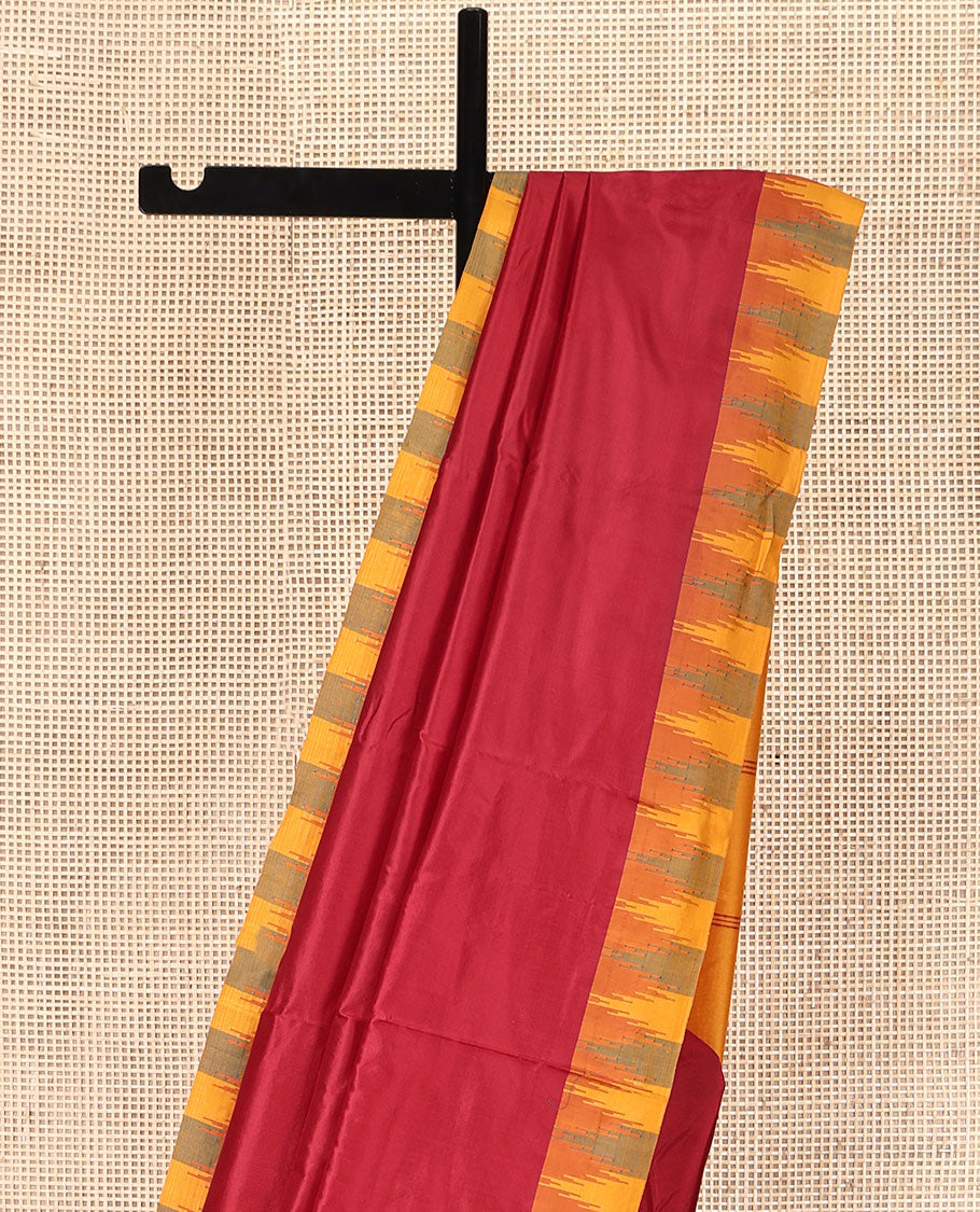 Red Plain Bangalore Silk Saree, Complemented by a Contrast Temple Border, Pallu of Stripes, and a Contrast Blouse