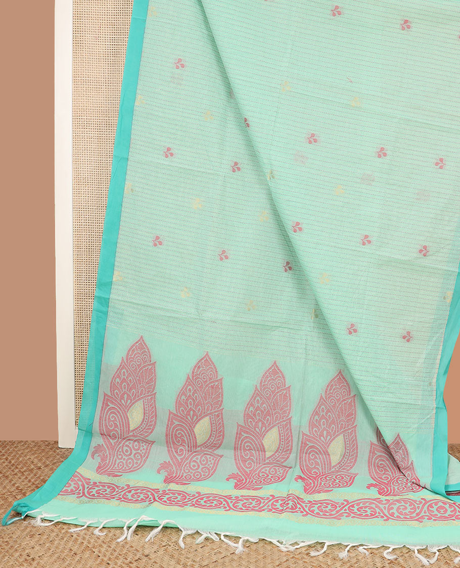 Green striped and leaf motifs coimbatore cotton saree, contrast plain border and of intricate motifs