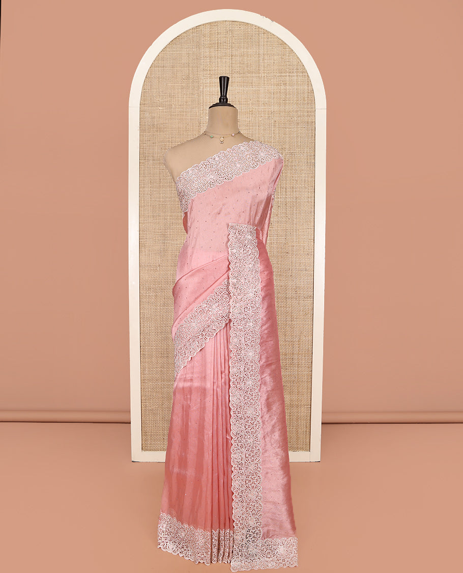 Pale Pink Designer Saree, Bedecked with Stonework, Scallop-Cut Work Border, Self Pallu, and Matching Blouse