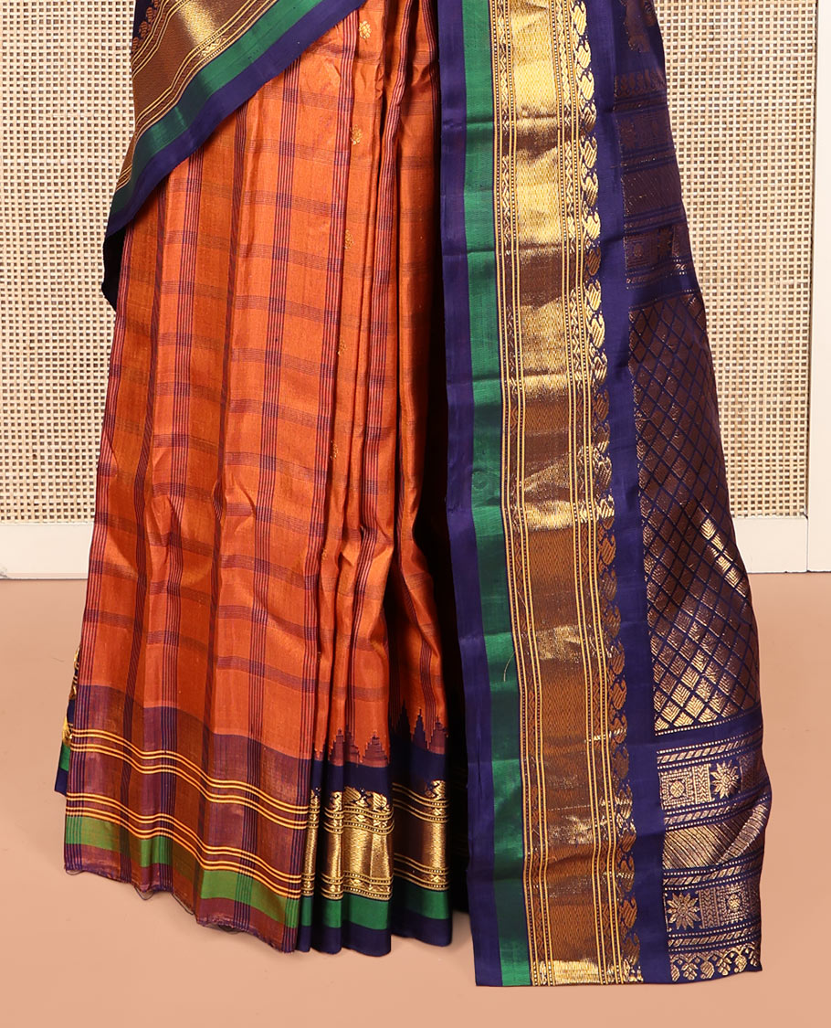 Orange Gadwal Silk Saree, Crafted with Buttas and Checks, Complemented by a Contrast Traditional Zari Temple Border, Grand Jaal Pallu, and a Contrast Blouse