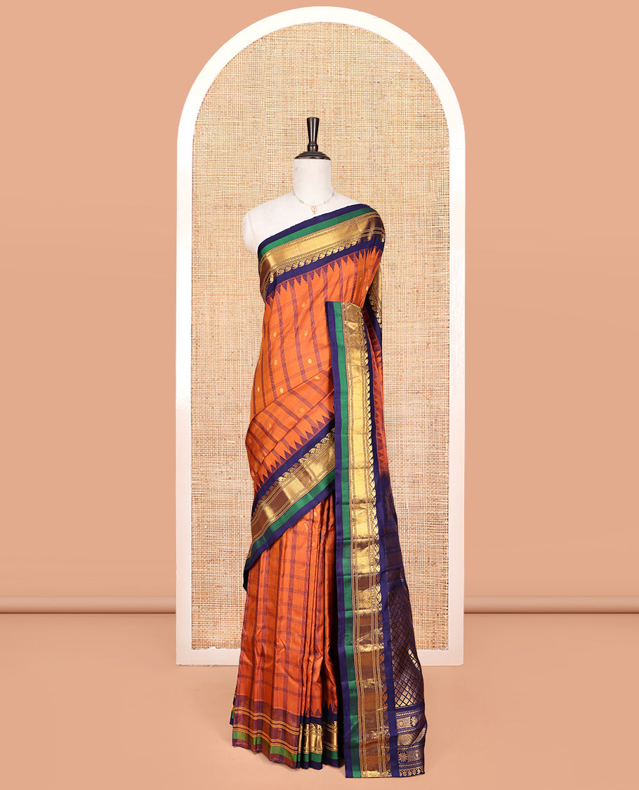 Orange Gadwal Silk Saree, Crafted with Buttas and Checks, Complemented by a Contrast Traditional Zari Temple Border, Grand Jaal Pallu, and a Contrast Blouse