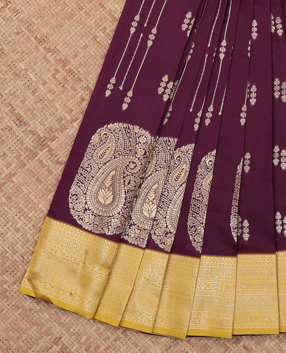 Brown Litchi Saree, Mesmerized with Zari Buttas, a Contrast Traditional Zari Border, Grand Pallu, and a Contrast Blouse