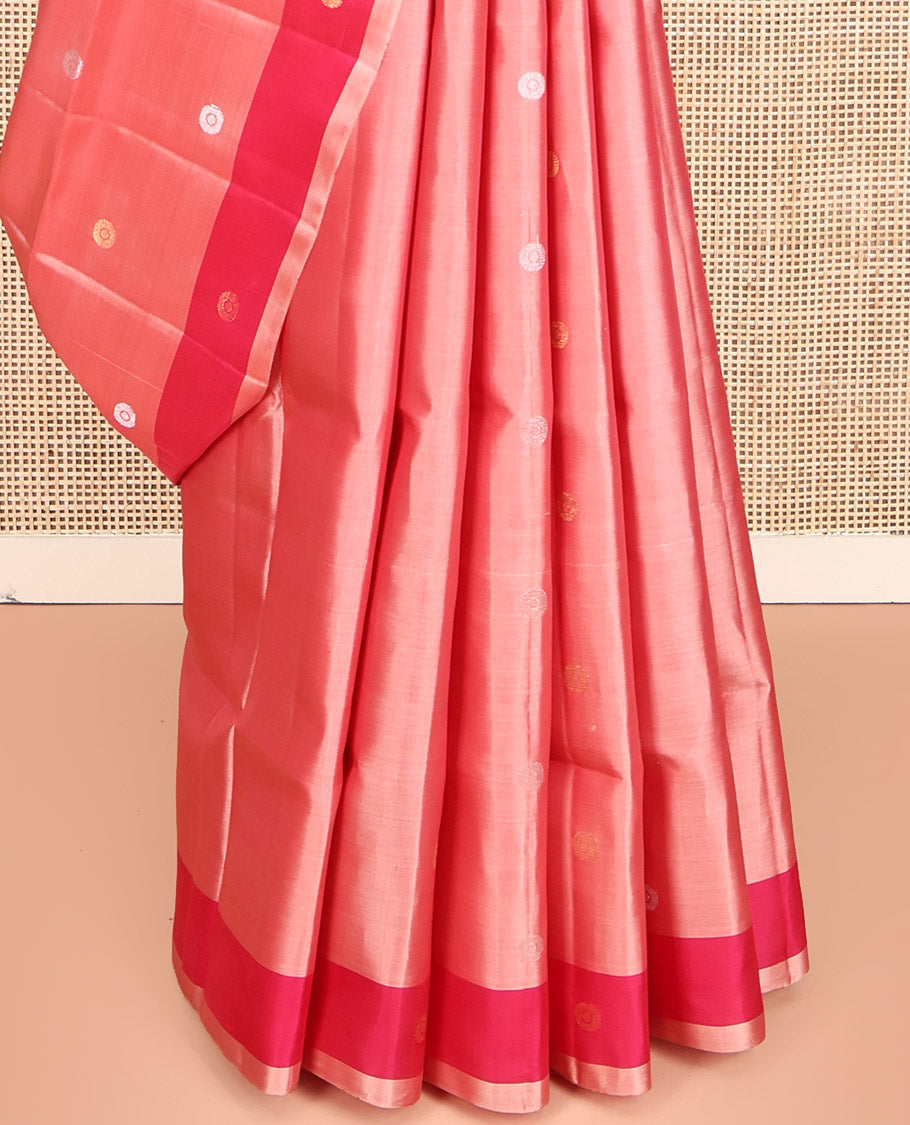 Peach Mayuri Lite Silk Mix Saree, Detailed with Zari Buttas, Complemented by Contrast Zari Buttas Border, Intricate Pallu, and a Contrast Blouse