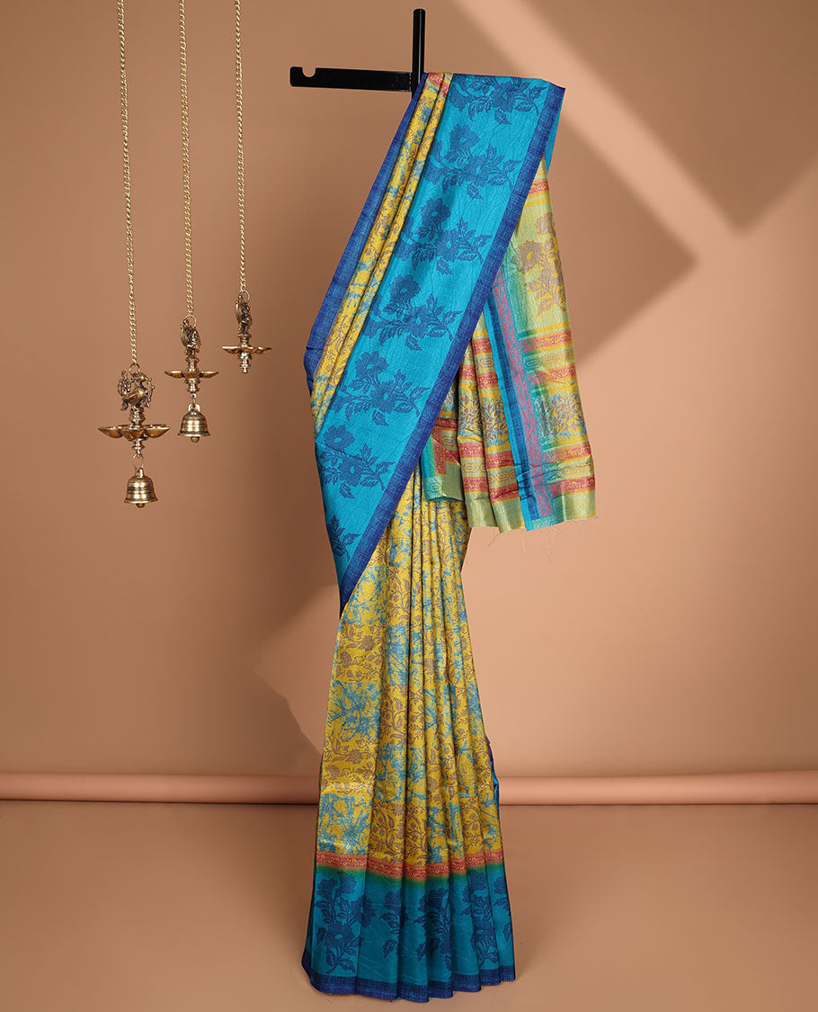 Yellow discharge print crackle silk saree with contrast border & discharge negetive print blouse