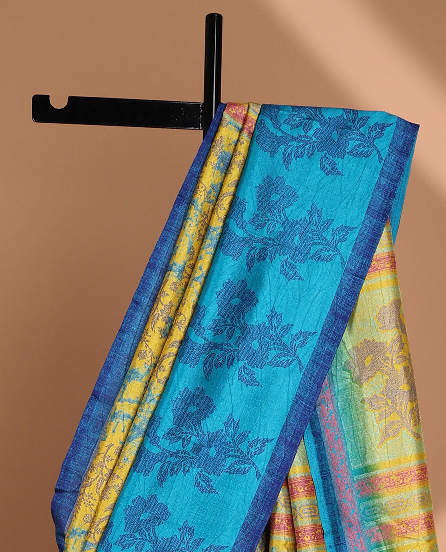 Yellow discharge print crackle silk saree with contrast border & discharge negetive print blouse