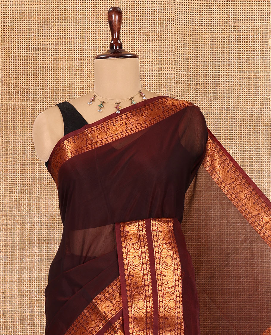 Coffee Brown Plain Semi-Silk Cotton Saree, Highlighted by Traditional Zari Border, Zari Design Pallu, and Matching Blouse