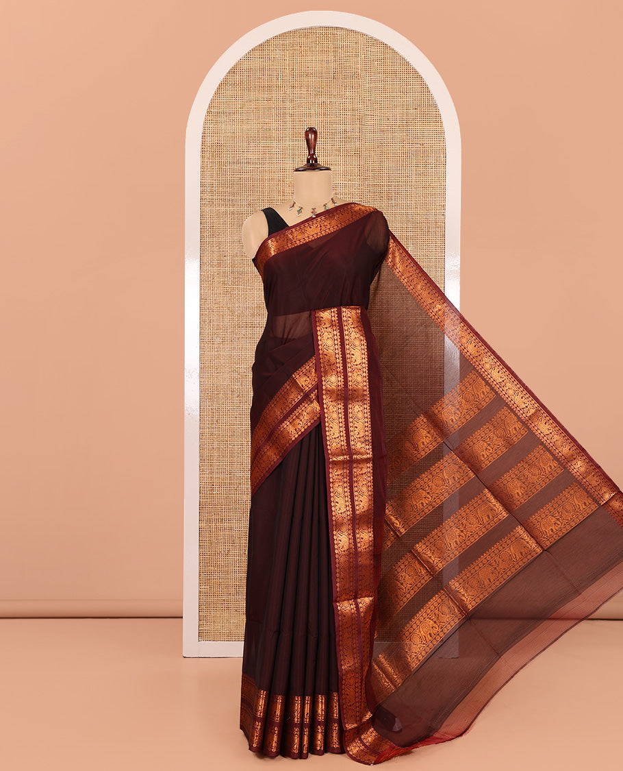Coffee Brown Plain Semi-Silk Cotton Saree, Highlighted by Traditional Zari Border, Zari Design Pallu, and Matching Blouse