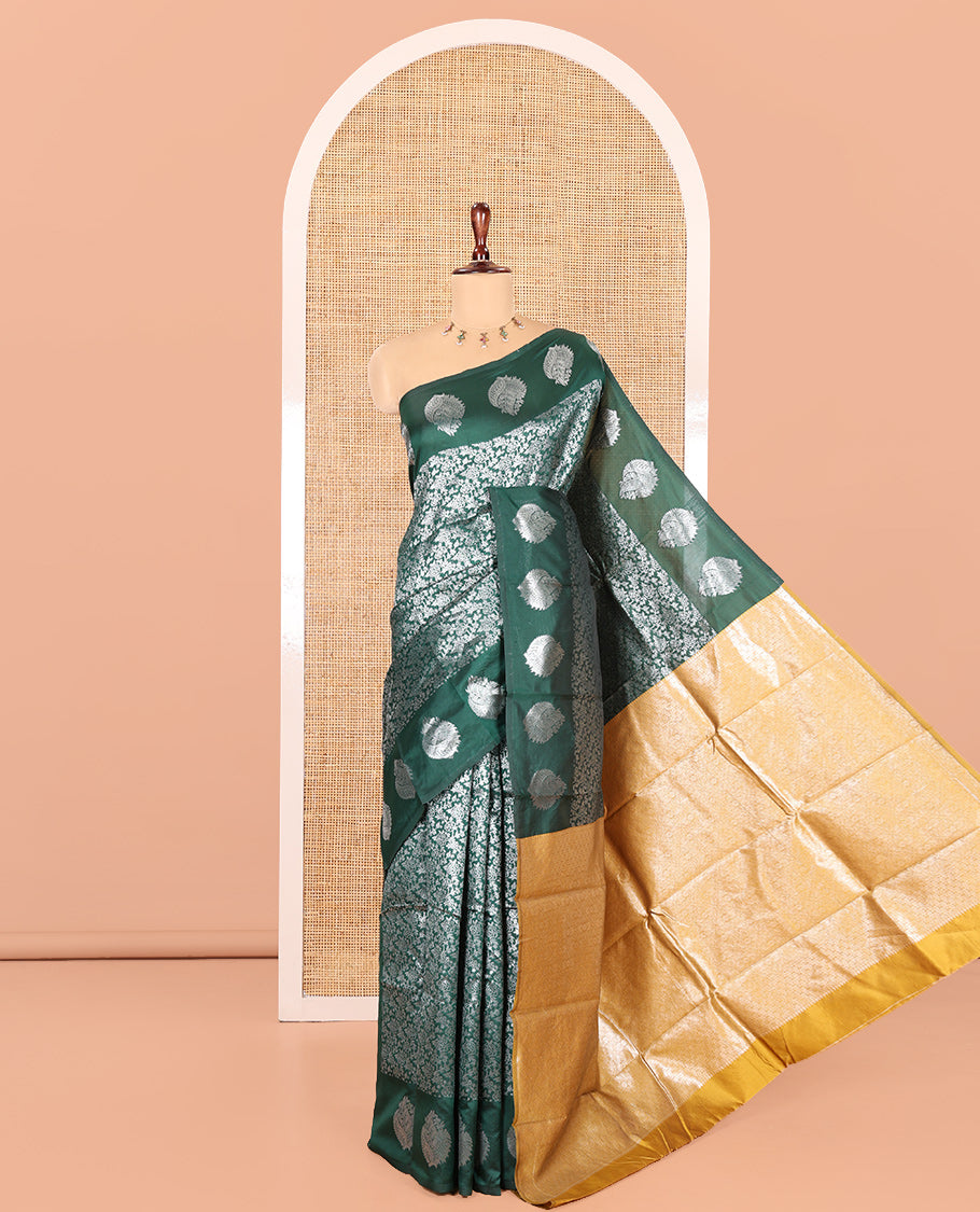 Bottle Green Art Kanchi Silk Saree Features Jacquard Design, a Zari-Motif Border, Contrast Intricate Pallu, and a Contrast Blouse