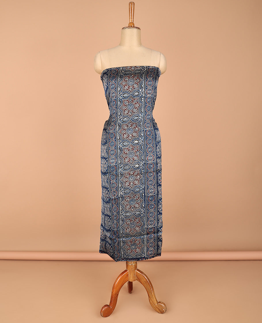 Blue chudidhar material set pure modal hand block ajrack print top with plain pant & hand block print dupatta