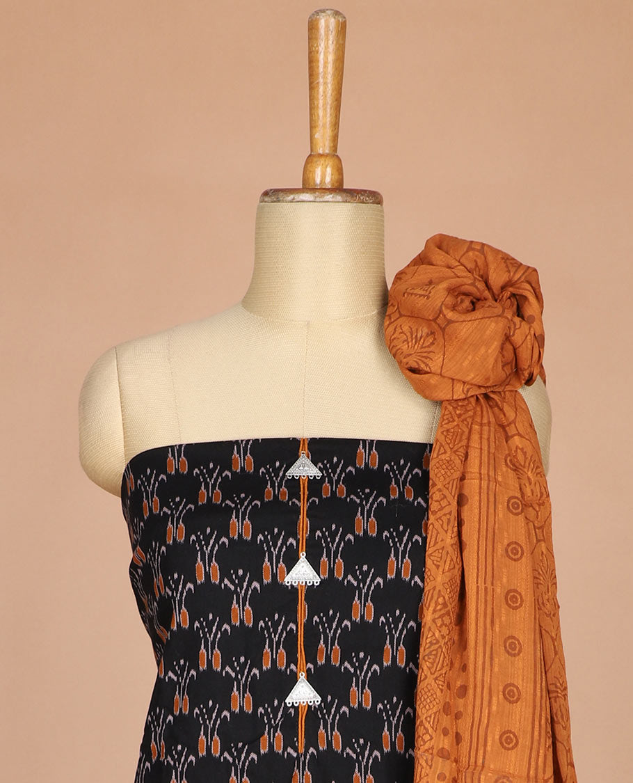 Black with mustard ikkat print fancy neck, katha work flex cotton chudidhar material top with cotton pants & negative print dupatta