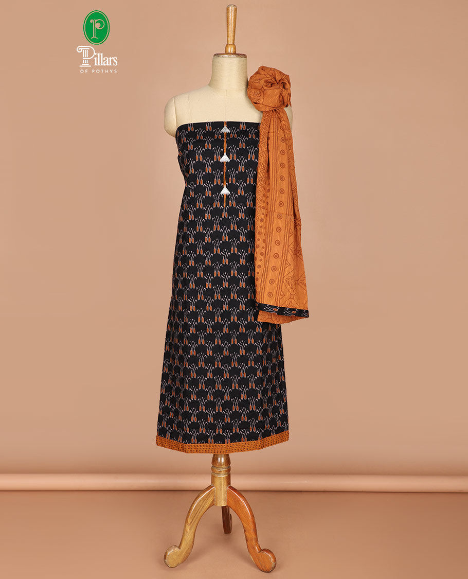 Black with mustard ikkat print fancy neck, katha work flex cotton chudidhar material top with cotton pants & negative print dupatta