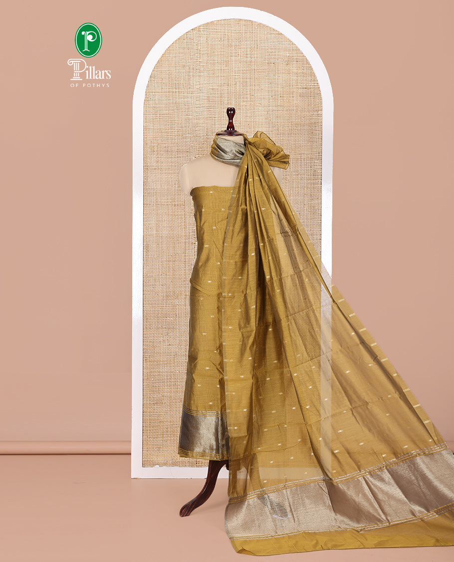 Mustard Banarasi Chanderi Material Churidar, Crafted with Buttas Top, a Plain Bottom, and a Matching Dupatta