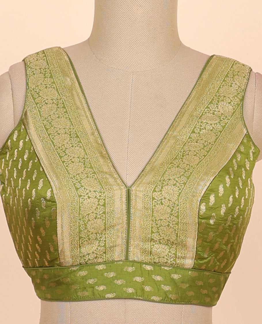 Green floral zari design front & back deep v-neck raw-silk readymade sleeveless blouse