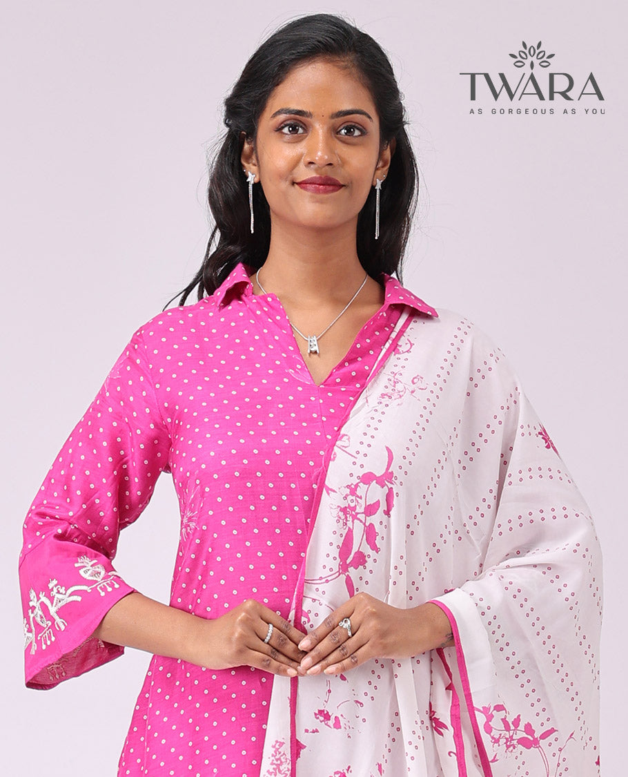 Twara Pink polka dot design v neck, 3/4 th sleeve , below knee lenght kuti with straight pants & floral design dupatta