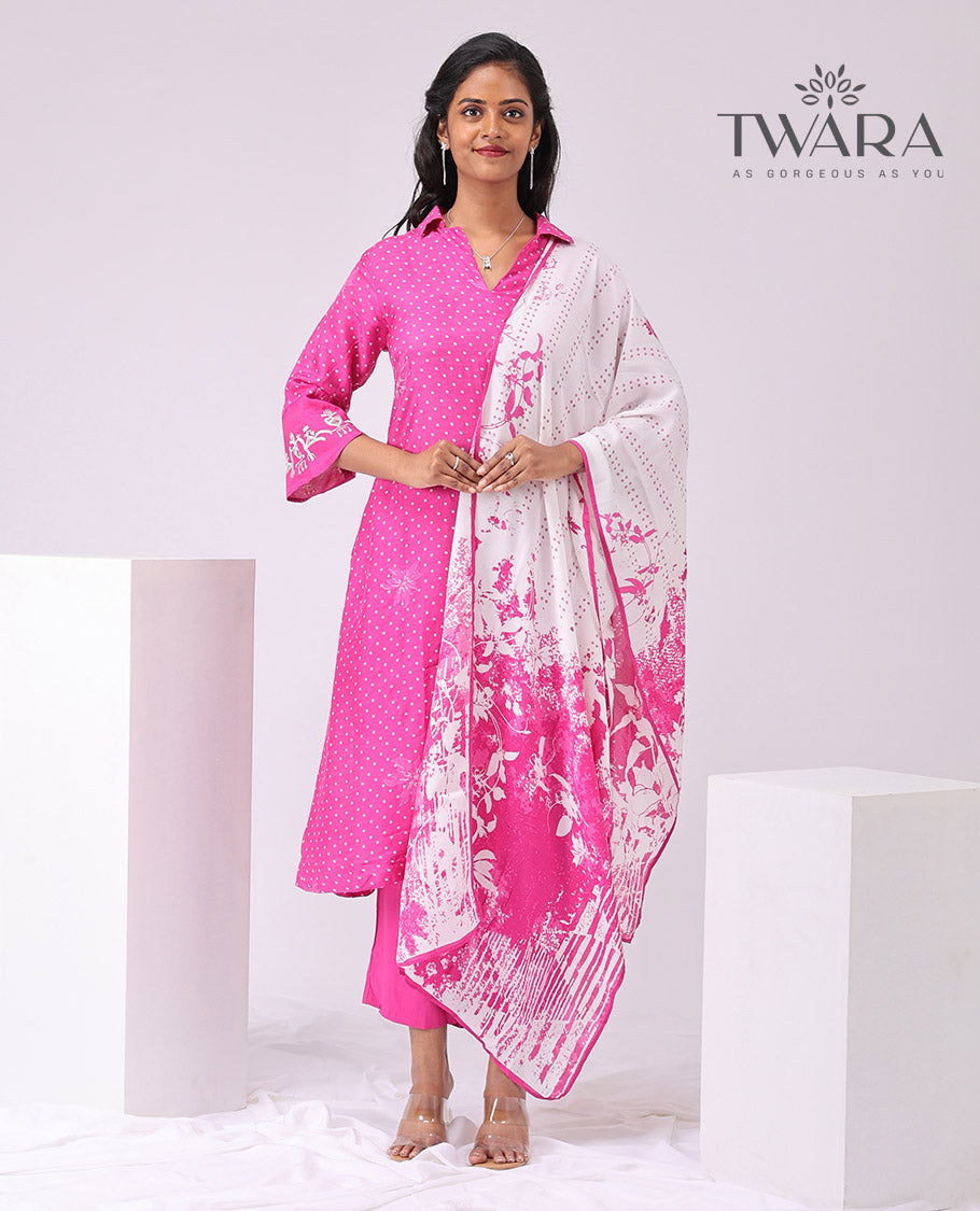 Twara Pink polka dot design v neck, 3/4 th sleeve , below knee lenght kuti with straight pants & floral design dupatta