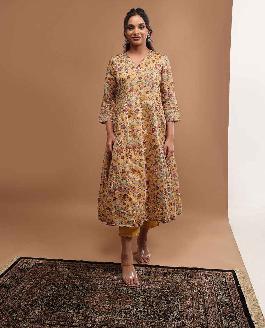 Mustard floral design v neck, 3/4 th sleeve, below knee lenght top with straight pants & floral printed dupatta