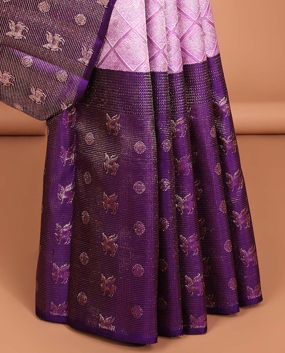 Lavender checked design samudrika silk saree with contrast zari design border & checked zari design pallu