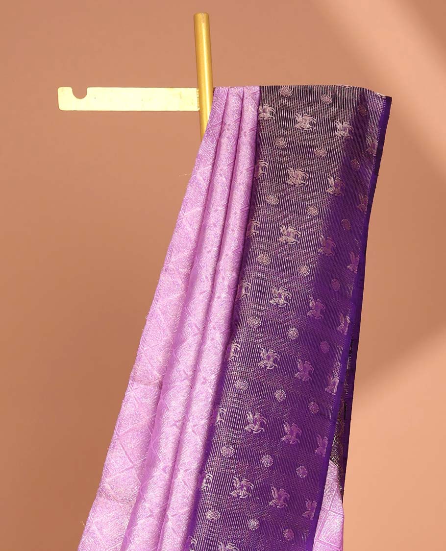 Lavender checked design samudrika silk saree with contrast zari design border & checked zari design pallu