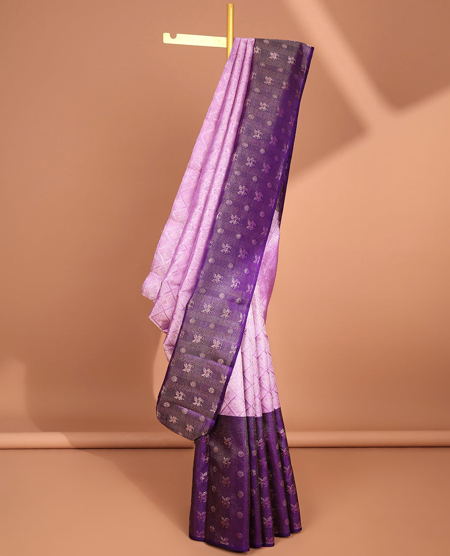 Lavender checked design samudrika silk saree with contrast zari design border & checked zari design pallu