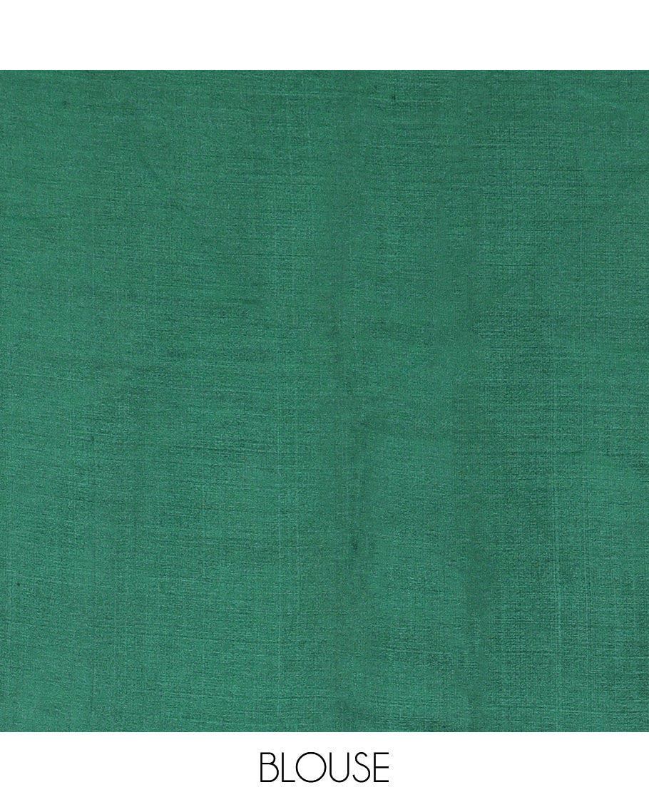 Borderless dark green macaw parrot motifs multi-colored thread embroidered tussar saree