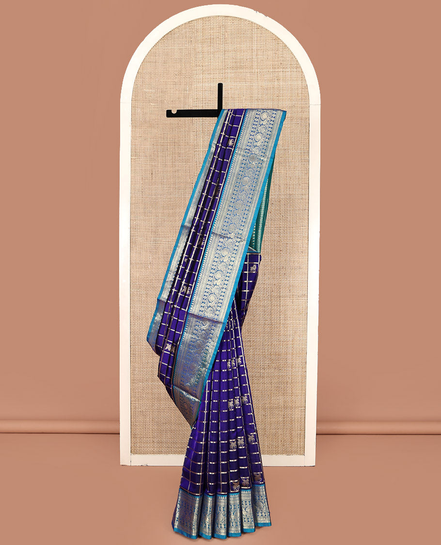 Blue Venkatagiri Silk Saree, Gleamed Up with Zari Butta Enclosed Checks All Over Its Body, Complemented by a Contrast Traditional Zari Design Border, Pallu of Traditional Designs, and Paired with a Contrast Blouse