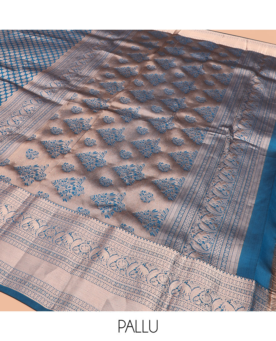 Blue Kanchipuram Wedding Silk Saree Gracefully Embellished with Zari Buttas, Highlighted with Zari Border of Thilakam, Star Vanki, Yaanai, and Round Mayil Designs, Majestically Zari-Woven Pallu, and Paired with a Matching Blouse