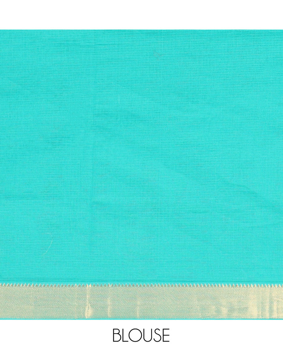 Green Sparsely Striped Mangalgiri Cotton Saree, Highlighted by a Zari Border, Gleaming Zari-Striped Pallu, and Paired with a Matching Blouse