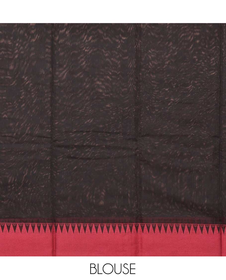 Black Semi-Silk Cotton Saree, Delicately Designed with Buttas All Over Its Body, Complimented by Contrast Temple Border, Plain Pallu, and Paired with a Matching Blouse