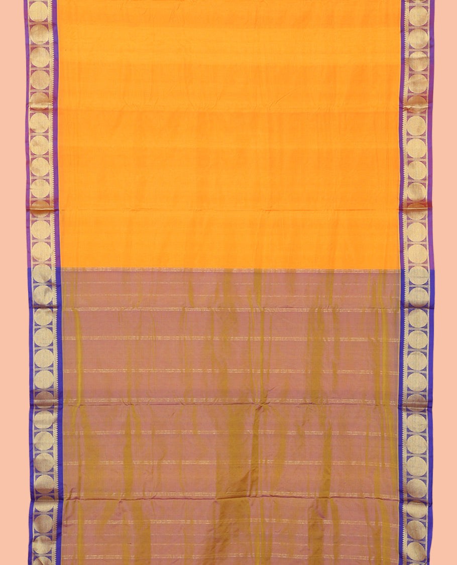 Orange Plain Ten-Yard Saree, Complemented by a Contrast Rudraksham Border, Self-Pallu of Stripes, and No Blouse
