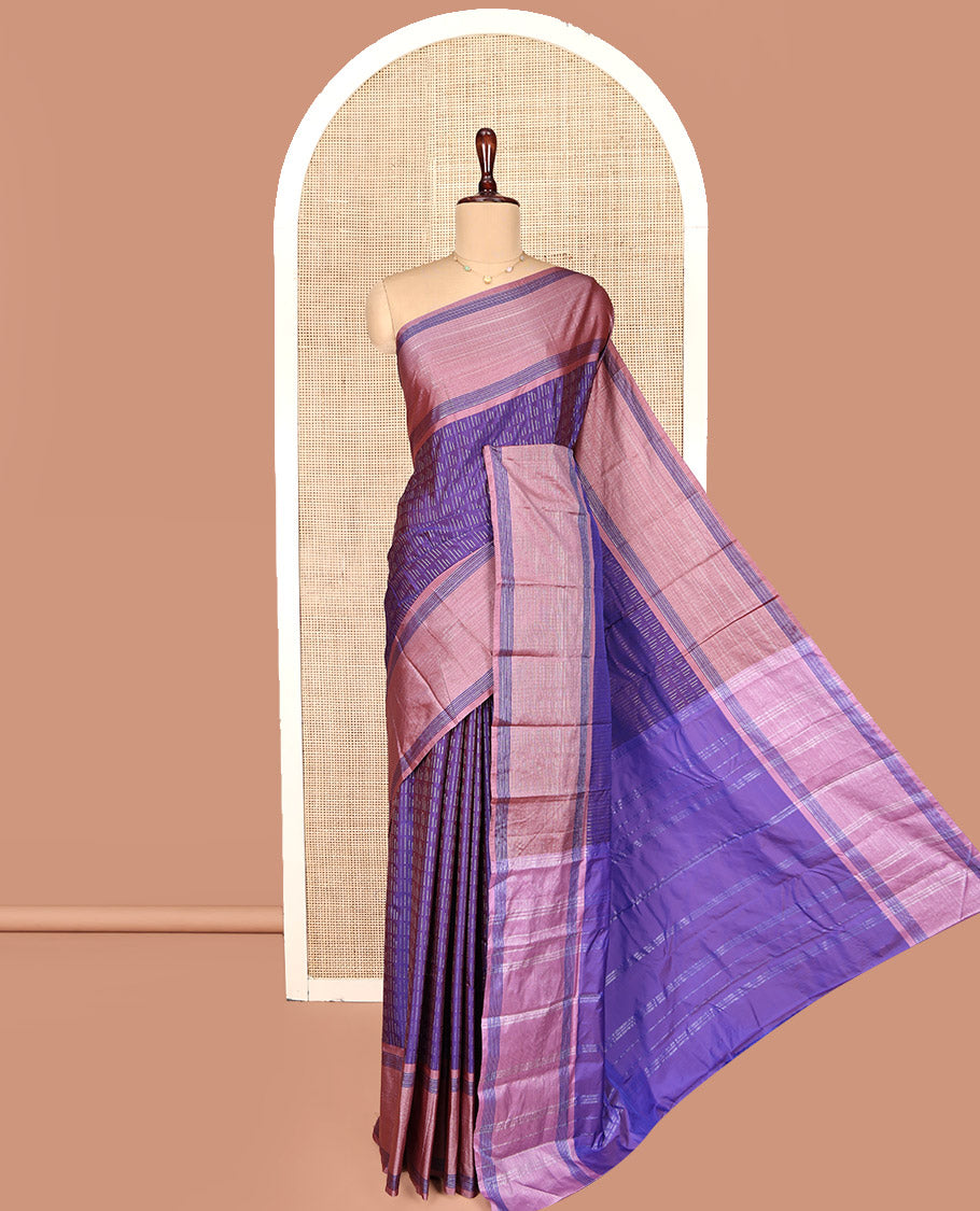 Violet Aarani Gift Saree, Steeped with Buttas on Its Body, Complemented by a Contrast Border, a Self-Pallu of Stripes, and Paired with a Matching Blouse
