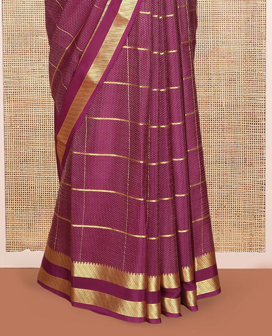 Magenta Mysore Silk Saree Features Checked Pattern, Complemented by Double-pet Zari Border, an Grand Pallu, and a Matching Blouse
