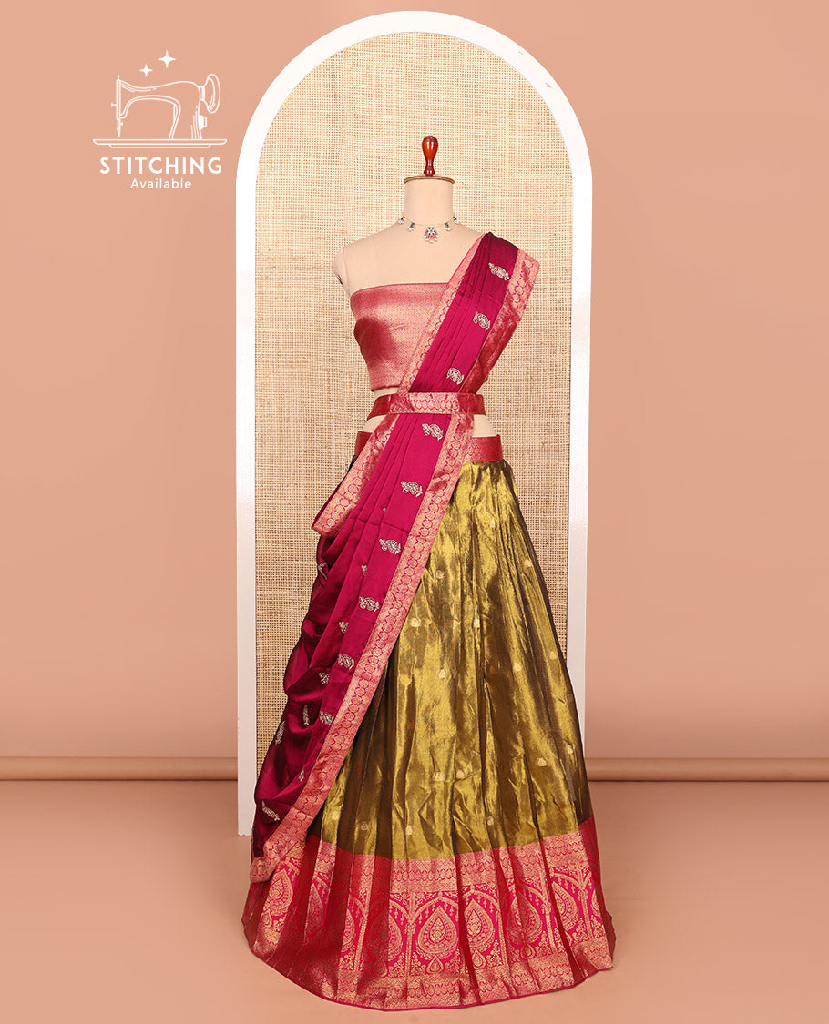 Gold-pink zari buttas half-saree with contrast Mughal-style unique motifs woven bordered skirt, brocade blouse, and a zari design dhavani