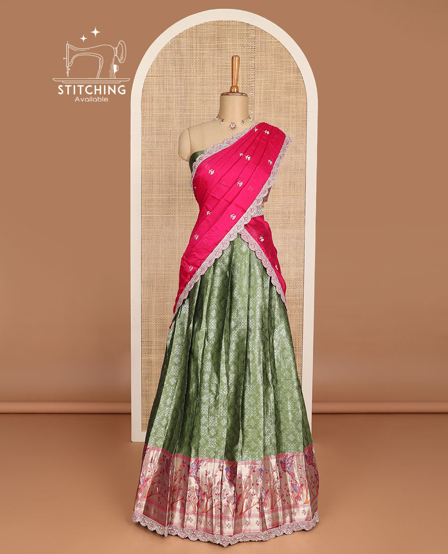 Green geometric design hald saree with contrast floral, bird design border, zari design blouse & floral embroidery scallop border dhavani