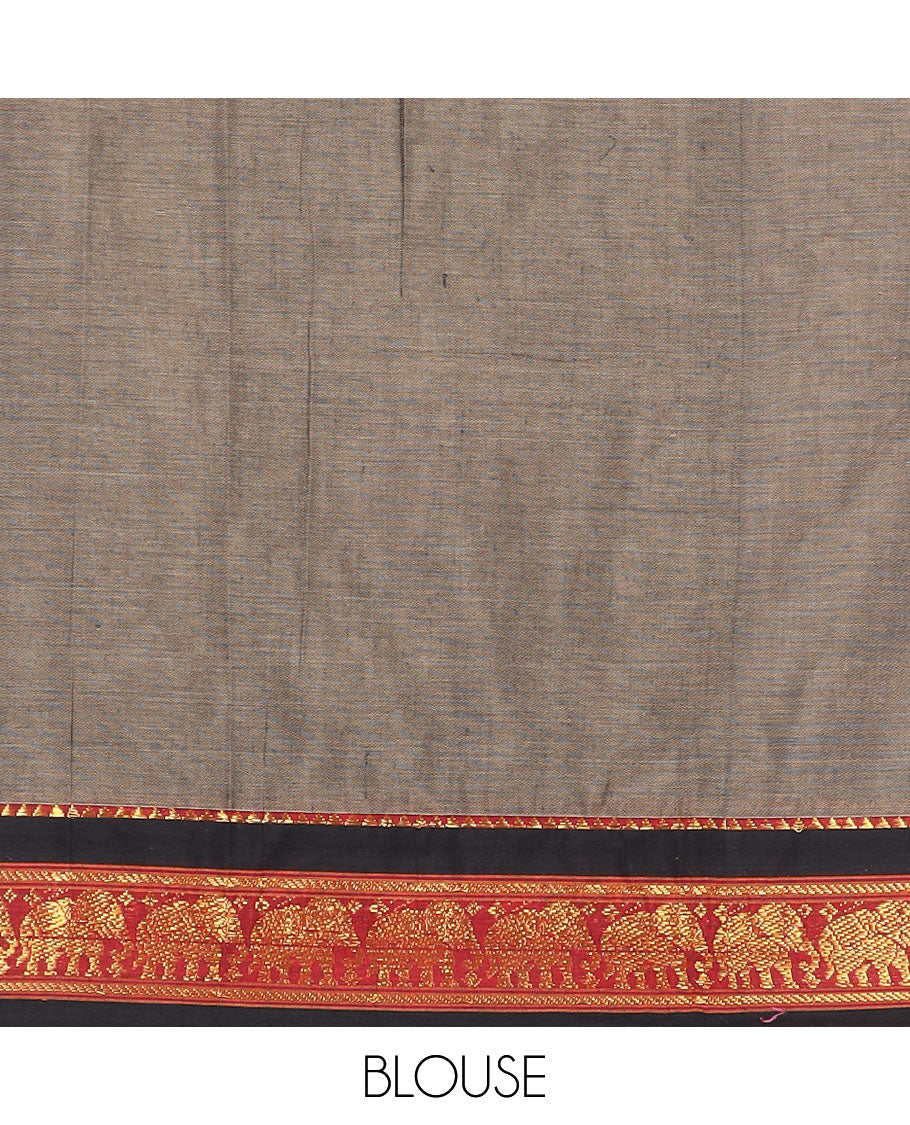 Grey cotton half-saree, plain with contrast traditional zari elephant motifs border skirt, matching blouse, and a contrast zari border dhavani