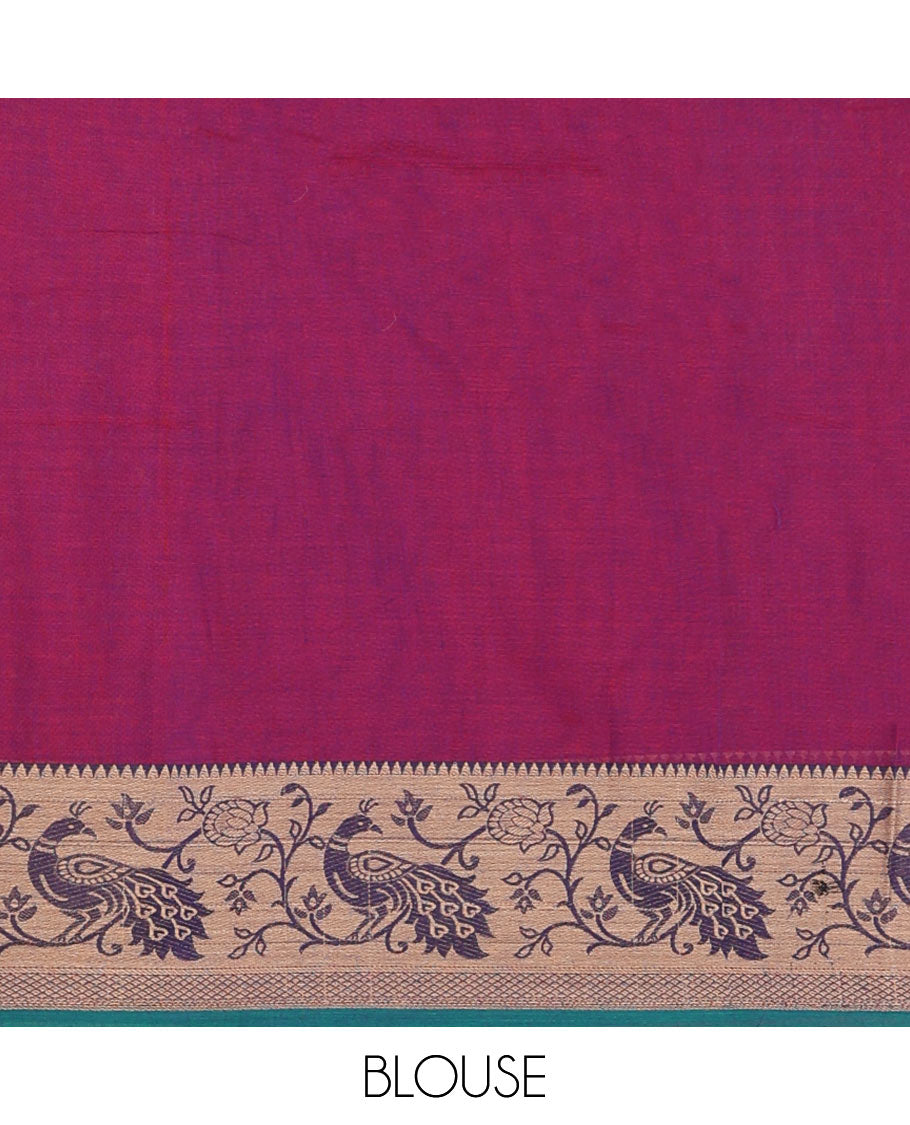 dark pink cotton half saree with contrast peacock motifs border, peacock design blouse & peacock design border dhavani