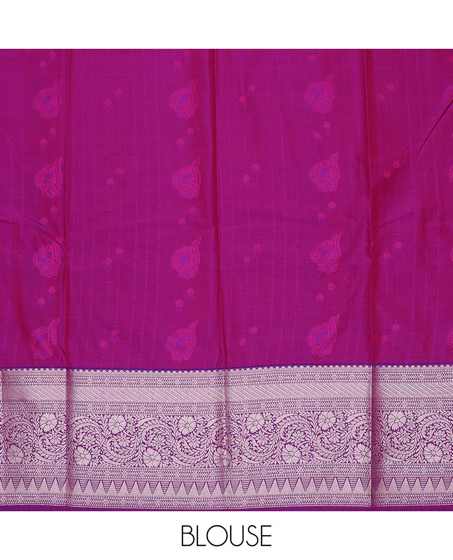 Red art silk pavadai material, zari design with contrast traditional zari bordered skirt, and a contrast bordered blouse