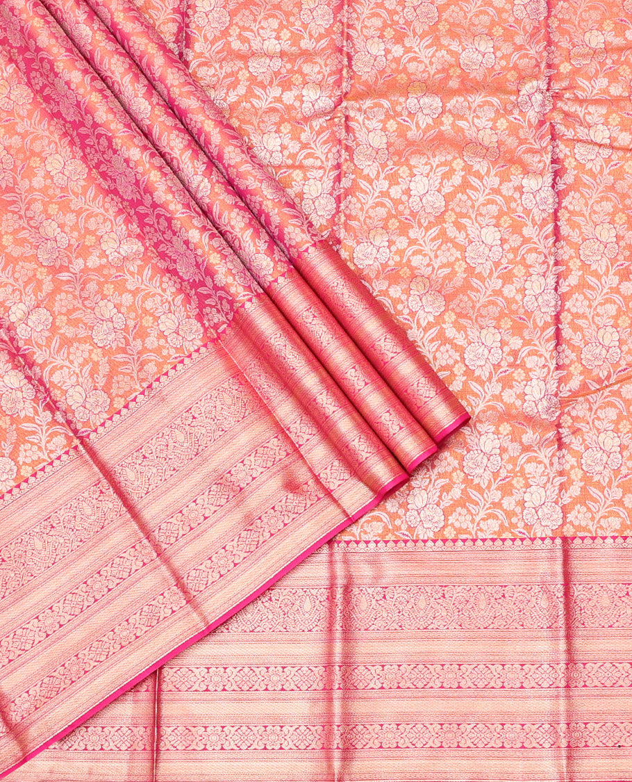 Pink Art Silk Half-Saree, Ornamented with Floral Jacquard Design, Contrast Traditional Zari Border, and Paired with a Matching Blouse