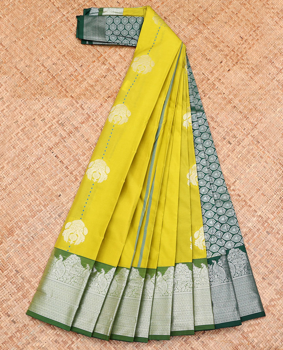 Green Budget Silk Saree, Prettified with Zari Buttas on Its Body, Complemented by a Contrast Traditional Zari Border, Grand Ogee Patterned Pallu, and Paired with a Contrast Blouse