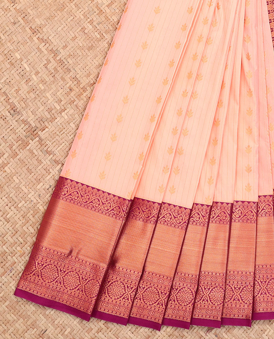 Peach Budget Silk Saree, Featuring Stripes All Over Its Body, Complemented by a Contrast Traditional Zari Design Border, Grand Pallu, and Paired with a Contrast Blouse