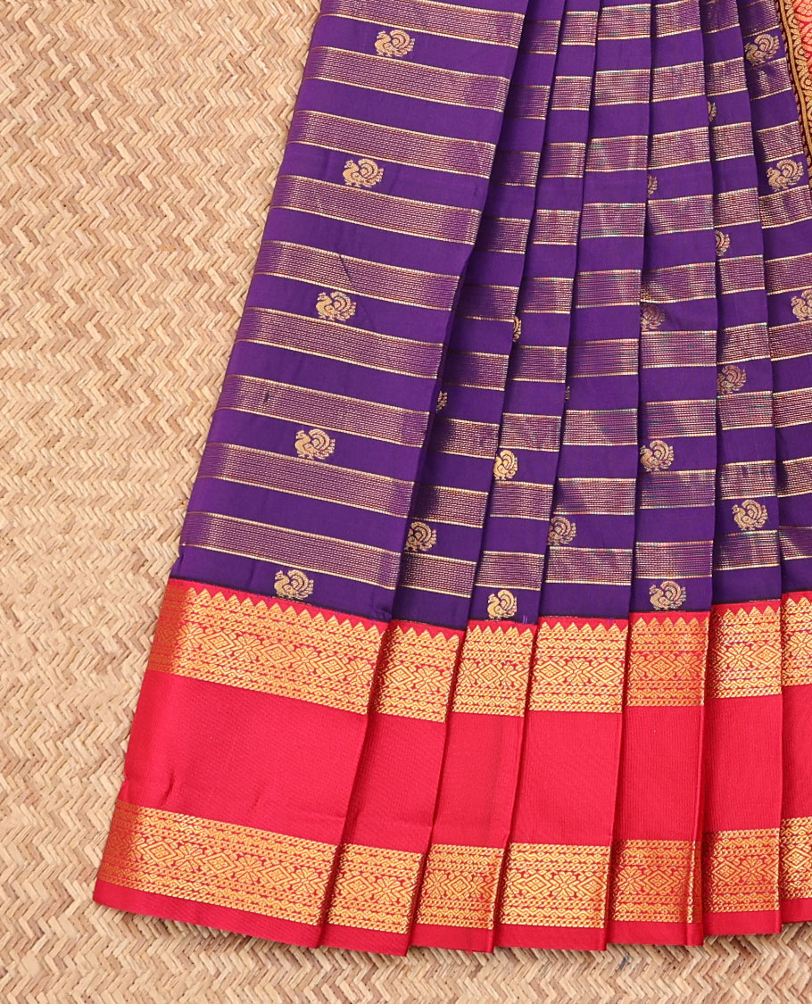 Violet Budget Silk Saree, Enthralled with Peacock Zari Buttas and Stripes on Its Body, Complemented by a Contrast Traditional Zari Rettai Pettu Border, Grand Jaal Pallu, and Paired with a Contrast Blouse