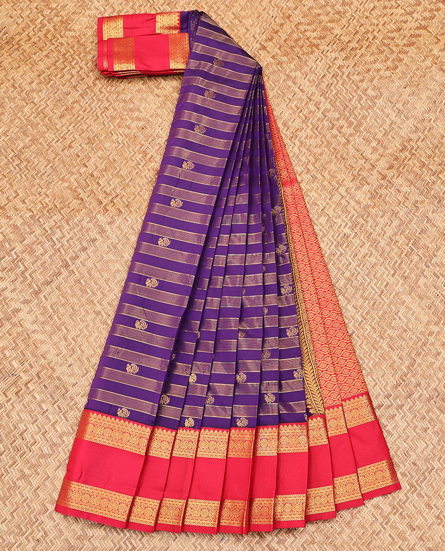 Violet Budget Silk Saree, Enthralled with Peacock Zari Buttas and Stripes on Its Body, Complemented by a Contrast Traditional Zari Rettai Pettu Border, Grand Jaal Pallu, and Paired with a Contrast Blouse