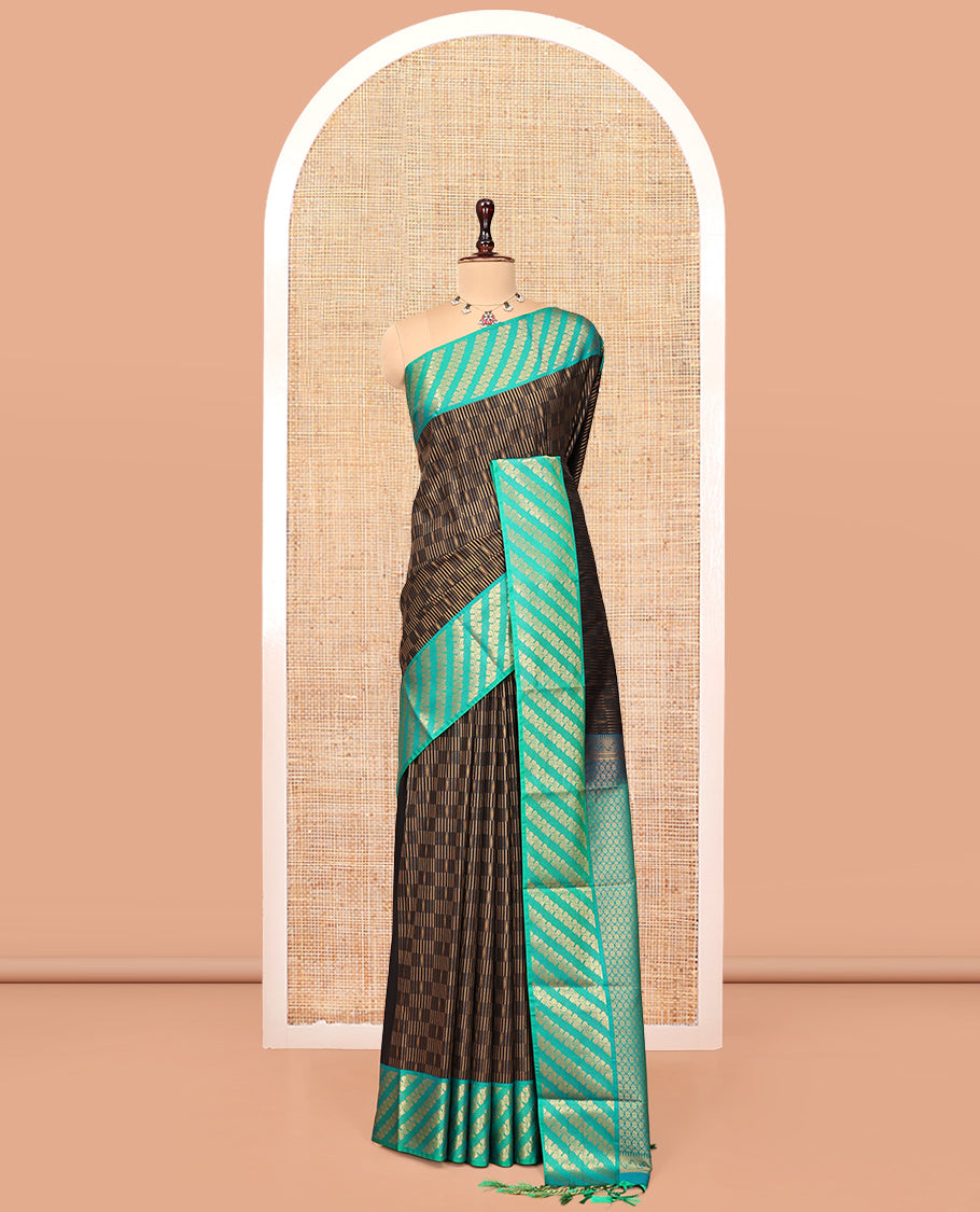 Black Budget Silk Saree, Elevated with Zari Checks, Complemented by Contrast Floral Creeper Border, Intricately Designed Pallu, and a Contrast Blouse