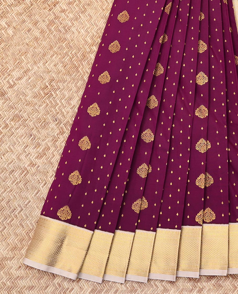 Wine Budget Silk Saree, Embellished with Zari Buttas, Complemented by a Contrast Traditional Zari Border, Jaal Pallu, and a Contrast Blouse