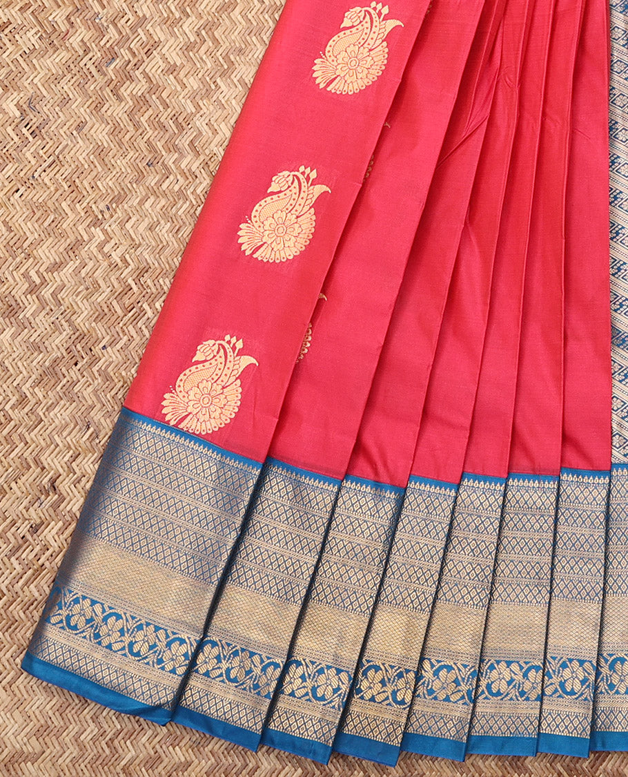 Red Budget Silk Saree, Spotlighted with Zari Buttas, Complemented by a Contrast Traditional Zari Border, Grand Pallu, and a Contrast Blouse