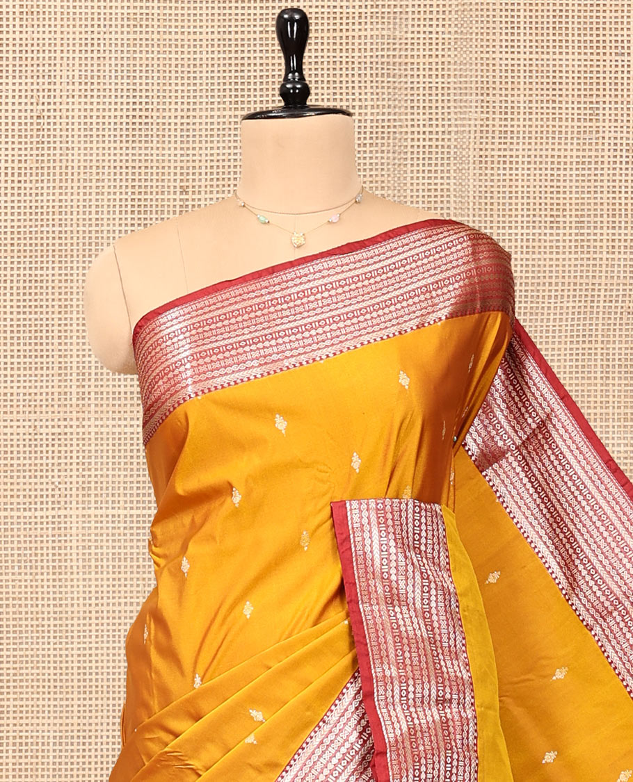 Orange Budget Silk Saree, Graced with Zari Buttas, Complemented by a Contrast Traditional Zari Border, Jaal Pallu, and Contrast Blouse