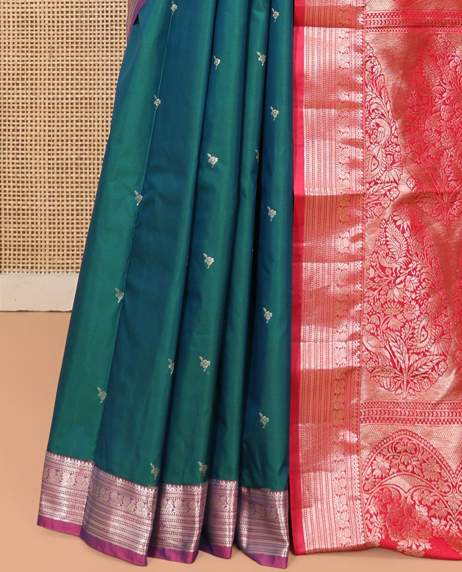 Teal Budget Silk Saree, Mesmerized with Zari Buttas, Complemented by a Contrast Traditional Zari Border, Pallu of Intricate Designs, and Contrast Blouse